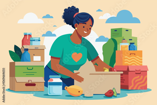 Woman Volunteering and Packing Food for Donation in a Box
