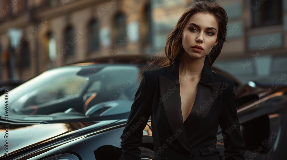 Beautiful businesswoman in suit standing and posing next to luxury black sports car, Beautiful businesswoman in suit standing and posing next to luxury black sports car,