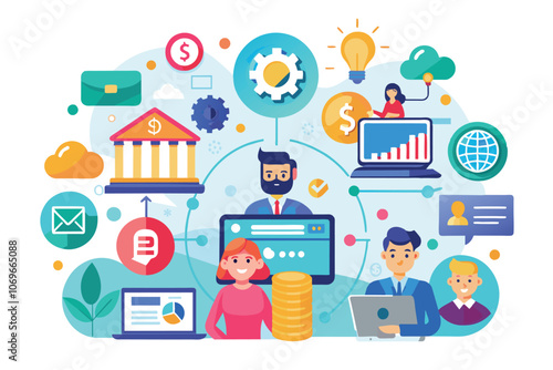 Wallpaper Mural Business People Working Together on a Digital Network With Financial Data Torontodigital.ca