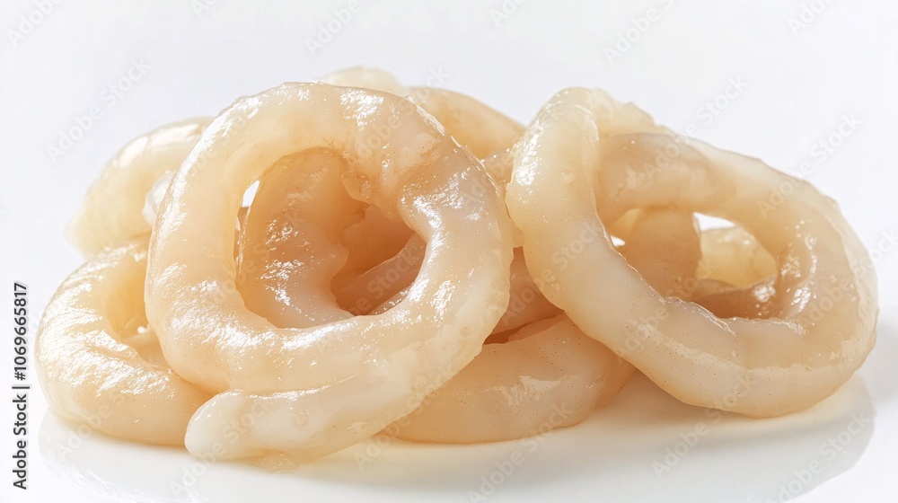 3.Pile of raw calamari rings isolated against a white background, glossy surfaces, soft and delicate texture, gentle light highlighting the edges, simple and fresh seafood display 3.Pile of raw calamari rings isolated against a white background, glossy surfaces, soft and delicate texture, gentle light highlighting the edges, simple and fresh seafood display