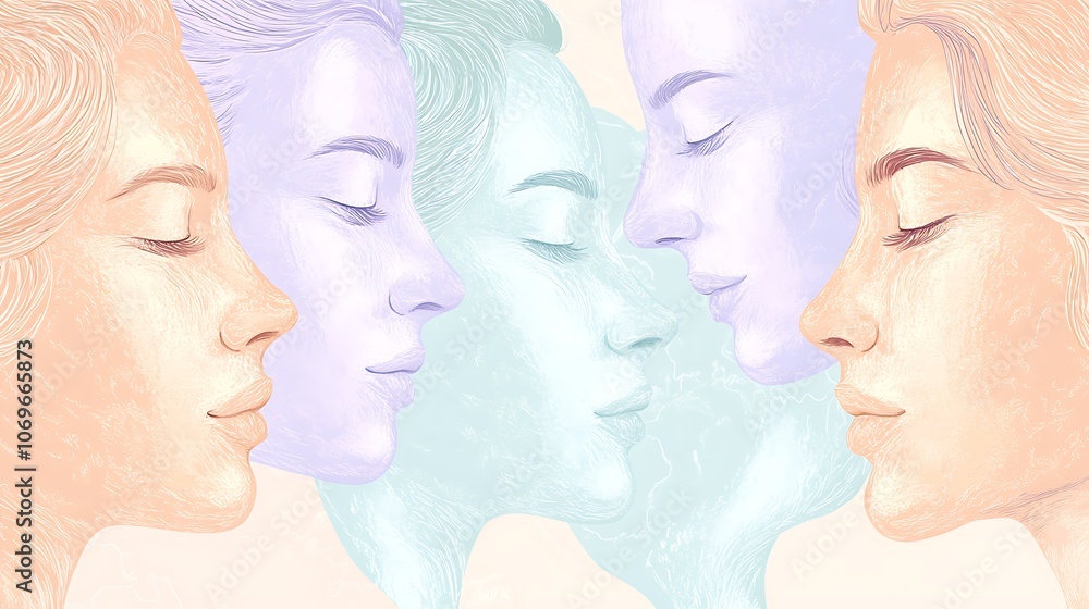 A close-up illustration of four women's faces with closed eyes, drawn in a modern art style, each with a different pastel color.