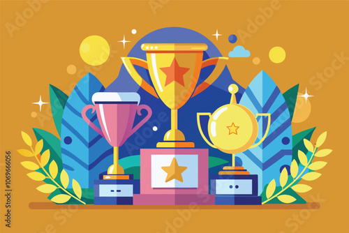 Three Gold Trophies With Stars on Pedestals Surrounded by Blue, Green, and Yellow Leaves on a Yellow Background