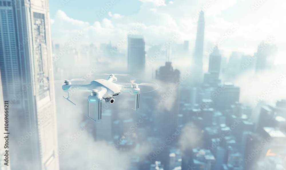 A white drone flies over a futuristic city with tall buildings and clouds. A white drone flies over a futuristic city with tall buildings and clouds.
