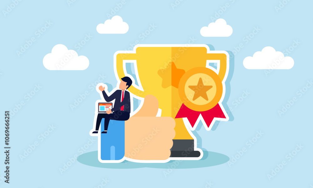 Obraz premium A businessman with a laptop sits on a like thumbs-up sign next to trophies and awards, illustration of receiving appreciation and awards for great business performance