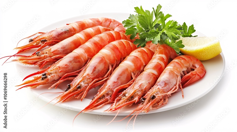 95.Fresh shrimp neatly arranged on a plate, rich details and natural colors, white background, simple yet vibrant, showcasing the freshness and appeal of raw seafood 95.Fresh shrimp neatly arranged on a plate, rich details and natural colors, white background, simple yet vibrant, showcasing the freshness and appeal of raw seafood