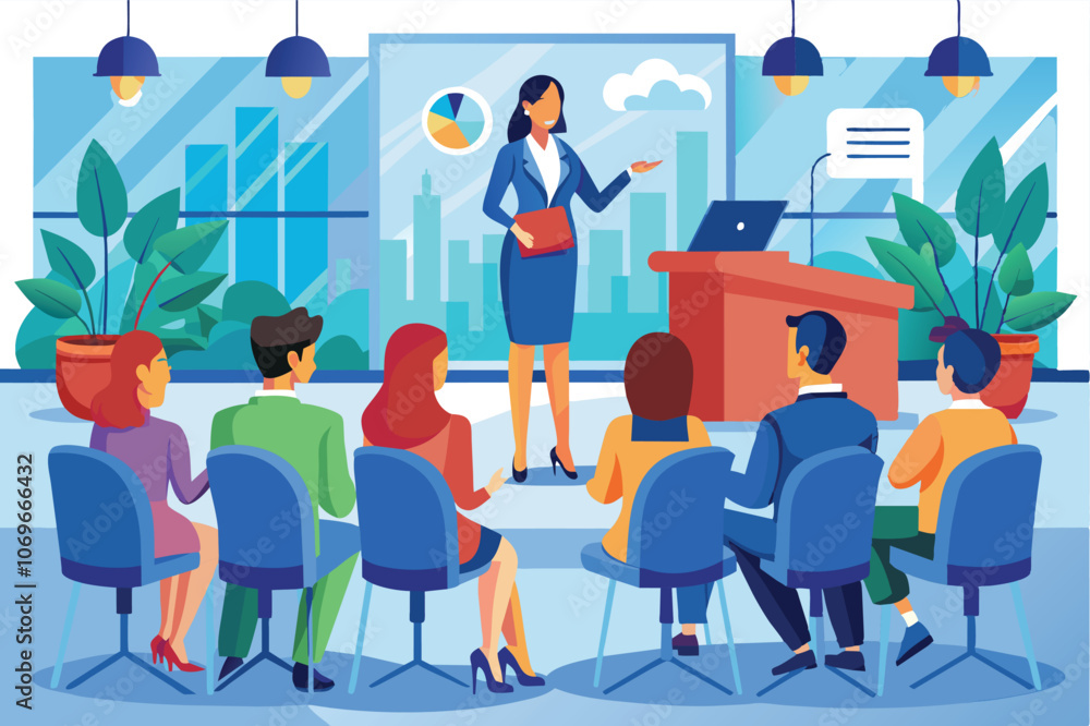 Businesswoman Giving Presentation to Group of Attendees in Modern Office Setting Businesswoman Giving Presentation to Group of Attendees in Modern Office Setting