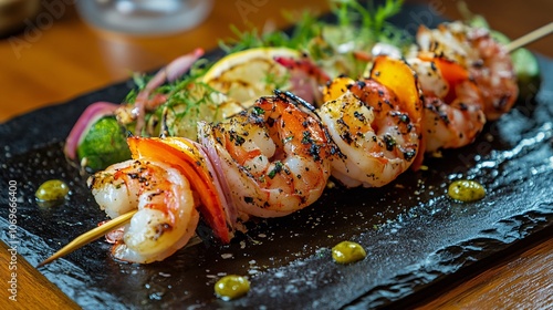 56.Grilled shrimp skewers served on a black stony plate, vibrant colors of fresh vegetables alongside, warm golden char on the shrimp, rustic wooden table backdrop, appetizing and hearty