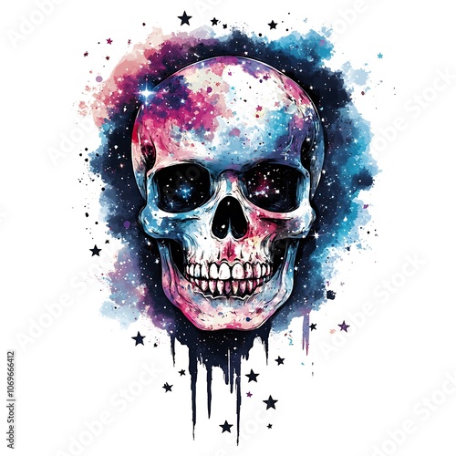 A watercolor skull with a galaxy inside.