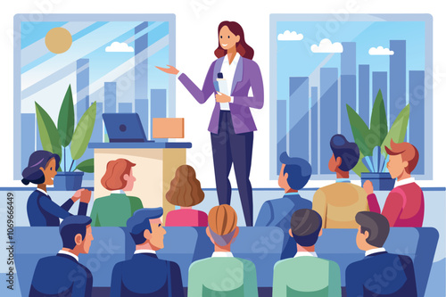 Businesswoman Leading Presentation to Diverse Group in Modern Office
