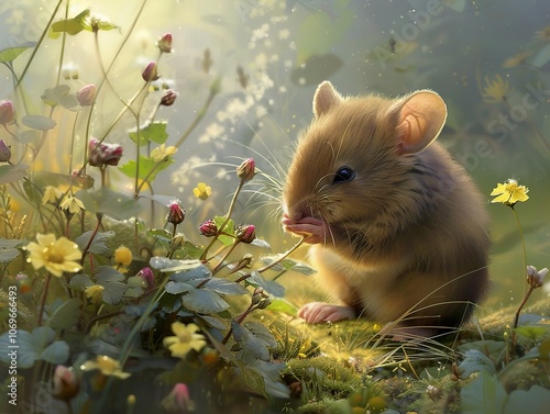 Adorable Mouse in a Field of Flowers - Nature Photography photo