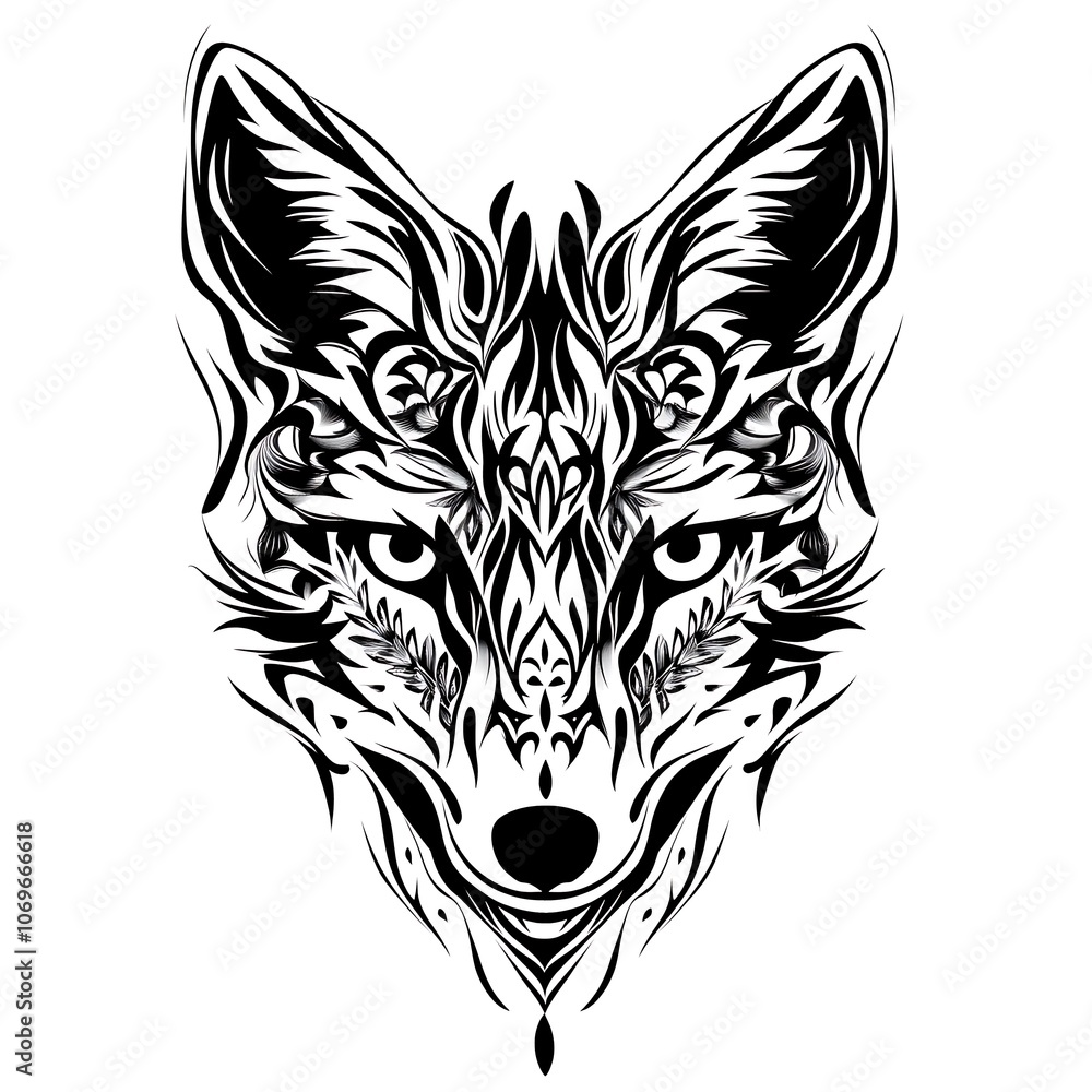 A black and white stylized illustration of a fox head with intricate details. A black and white stylized illustration of a fox head with intricate details.