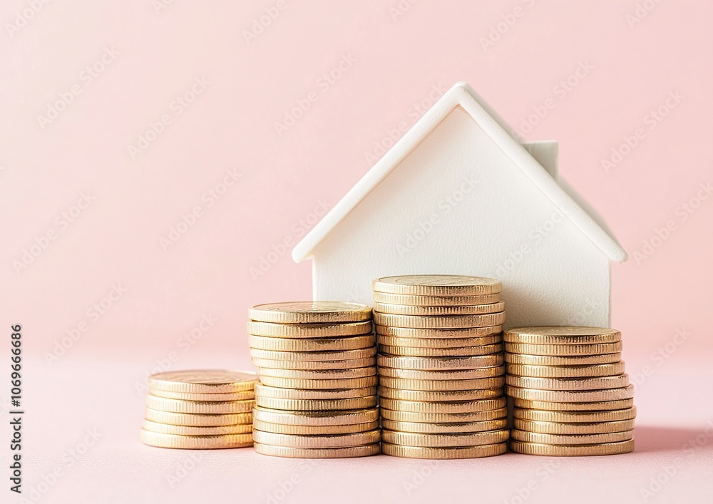 A white house model sits atop a stack of gold coins on a pink background. A white house model sits atop a stack of gold coins on a pink background.