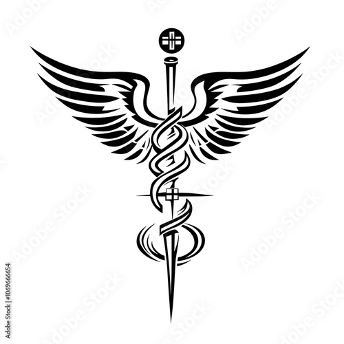 A black and white illustration of the Caduceus, a symbol of medicine, with wings.