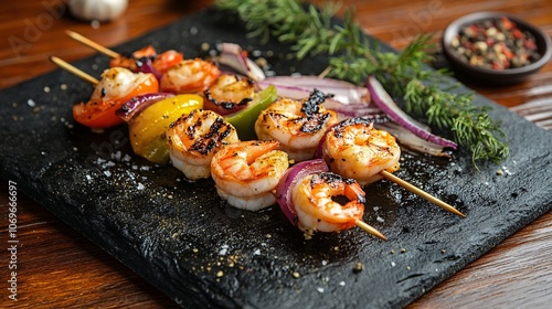 57.Shrimp skewers with grill marks and mixed vegetables, presented on a dark stone plate, colorful and inviting, smoky aroma, rustic setting on a wooden table, close-up of textures photo