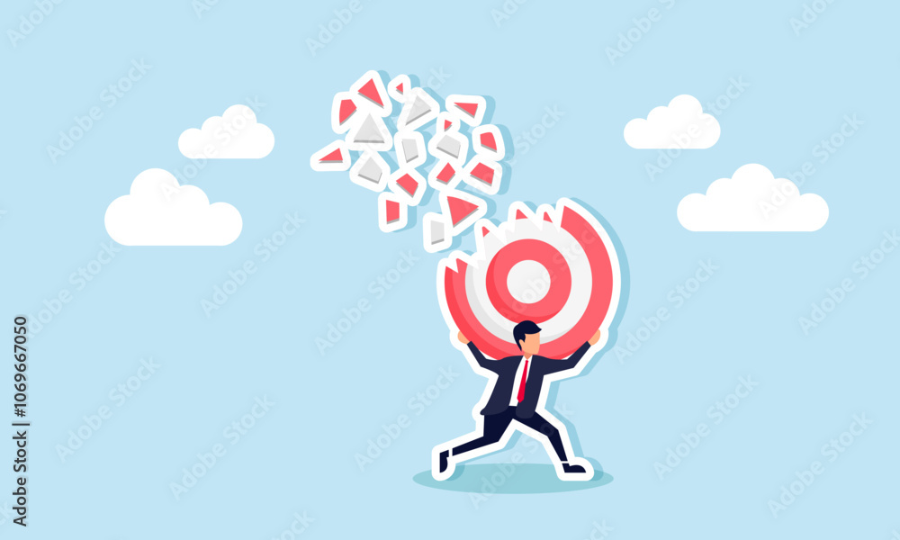 A businessman holds a broken target board with pieces scattering, illustration of saving business targets from danger and business problems A businessman holds a broken target board with pieces scattering, illustration of saving business targets from danger and business problems