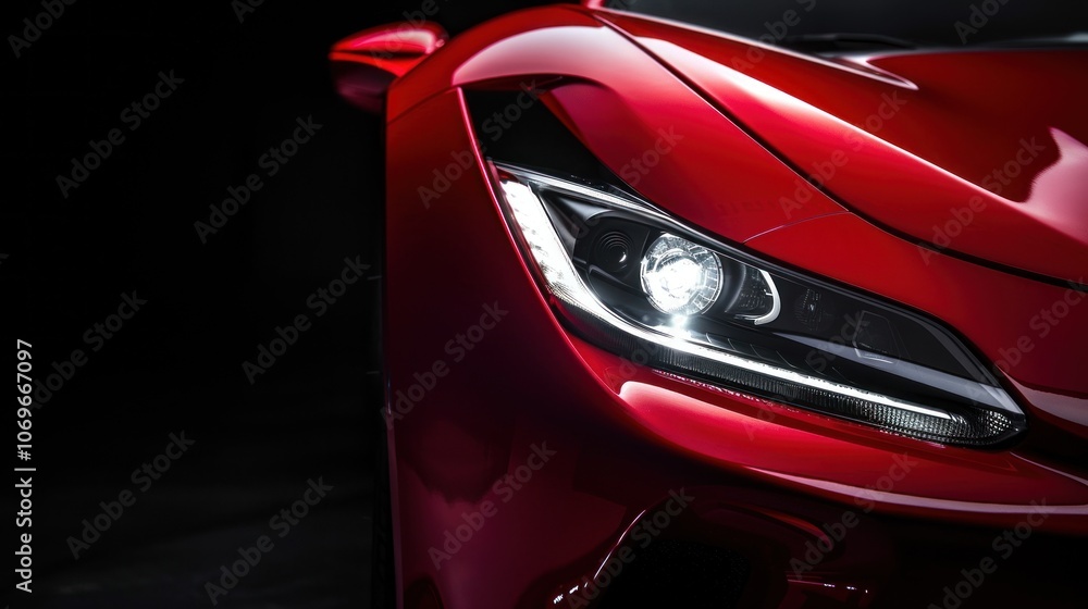 Modern red sports car LED headlights with black background and copy space, AI generated image Modern red sports car LED headlights with black background and copy space, AI generated image