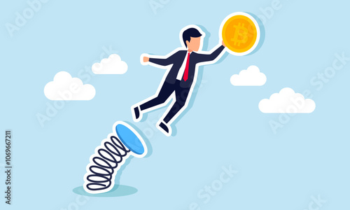 A businessman holds a bouncing bitcoin flying off a springboard, illustration of increasing bitcoin valuation