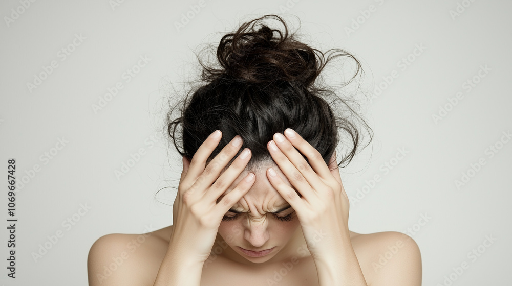 Headache Pain: A close-up portrait of a woman in distress, her hands pressed against her temples as she grapples with a persistent headache. Headache Pain: A close-up portrait of a woman in distress, her hands pressed against her temples as she grapples with a persistent headache.