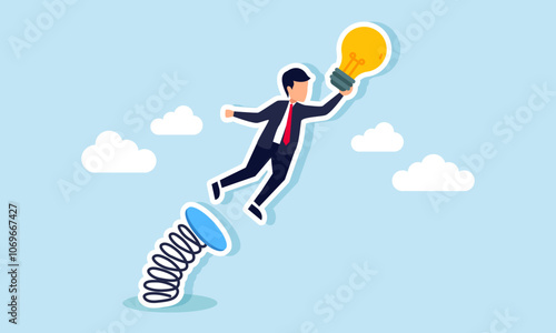 A businessman holds a bouncing lamp flying off a springboard, illustration of increasing and high-quality business ideas and innovations