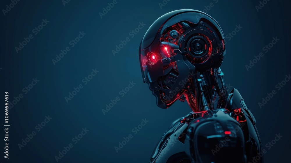 Futuristic cyborg with red eyes on dark blue background with copy space, 3d rendering, Futuristic cyborg with red eyes on dark blue background with copy space, 3d rendering,