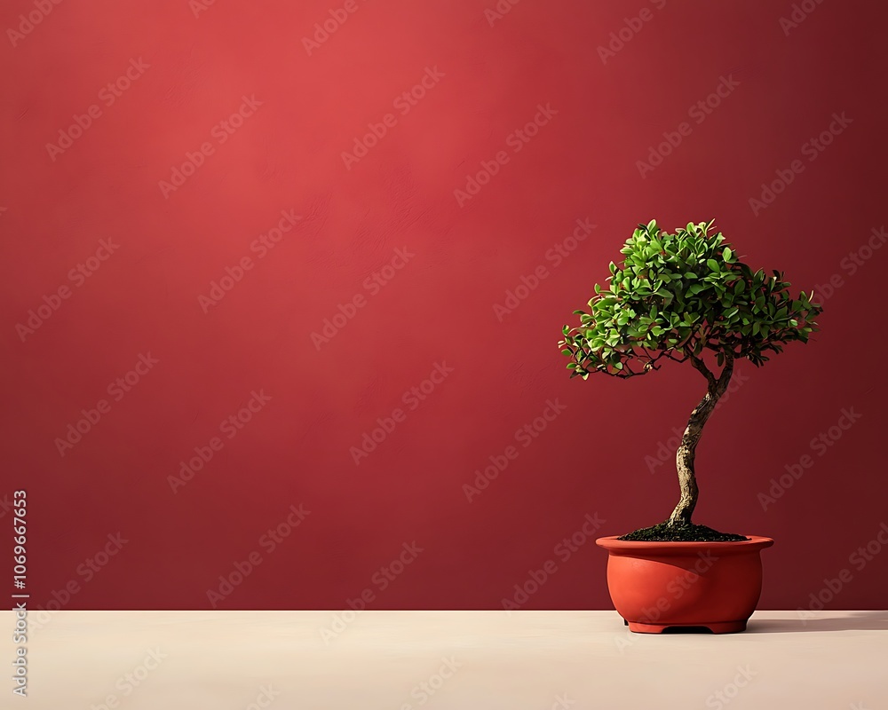 Obraz premium A small tree is in a red pot on a table