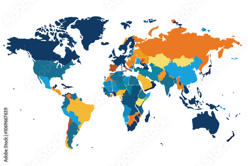 World Map With Color-Coded Countries and Regions