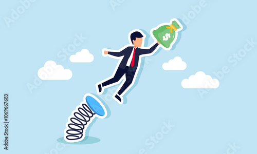 A businessman holds a bouncing money bag flying off a springboard, illustration of increasing business assets and revenue