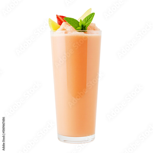 Tall glass filled with a refreshing fruit smoothie, garnished with slices of strawberry and mint leaves, showcasing its vibrant colors and creamy texture for drinks. transparent background, png