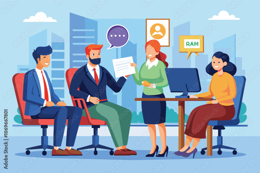 Business Professionals Discussing a Project in an Office Setting Business Professionals Discussing a Project in an Office Setting
