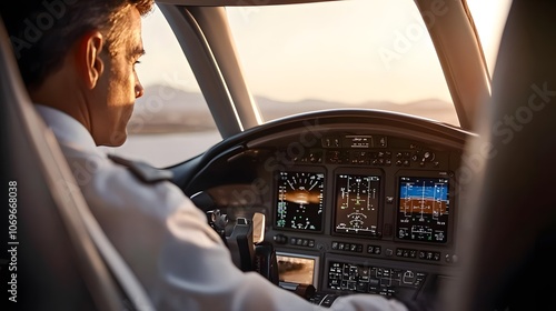 Pilot operates private jet cockpit with precision