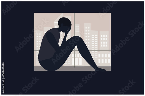 Sad and depressed woman hug her knee sitting on window.Unhappy and stressed, psychology, depression, stress, mental healtlh.and loneliness vector illustration.