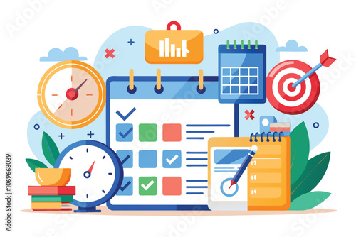Illustrated Calendar With Clocks, Checkmarks, and Target