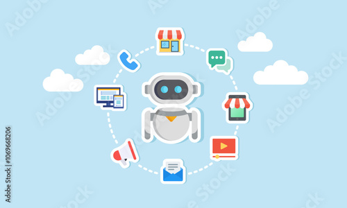 An AI robot surrounded by items related to business marketing management, illustration of using AI for business management effectiveness and efficiency