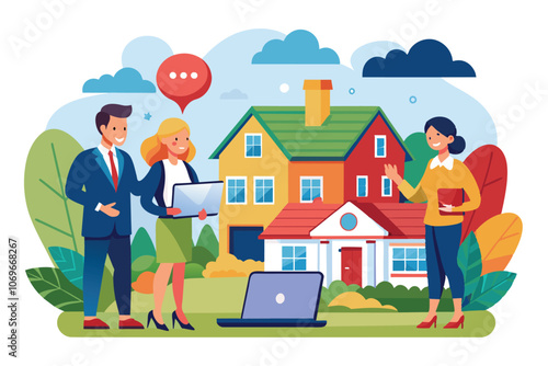 Real Estate Agents Discussing Property With Clients In Front Of Houses
