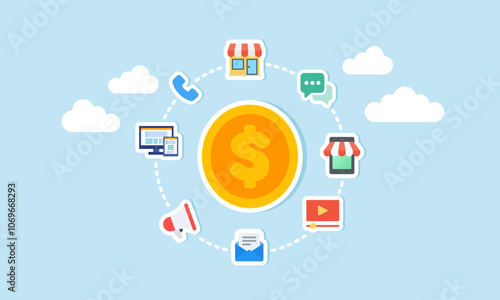 Dollar coins surrounded by items related to business marketing management, illustration of the need for investors and investments for business development