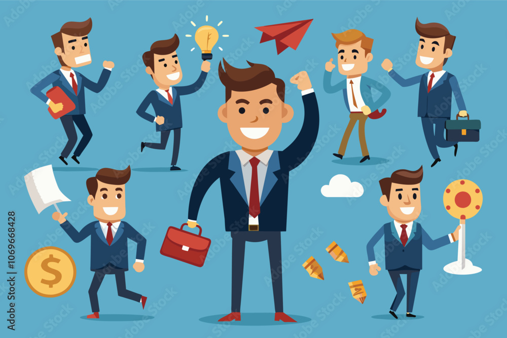 Successful Businessman Character Illustration With Diverse Activities Successful Businessman Character Illustration With Diverse Activities