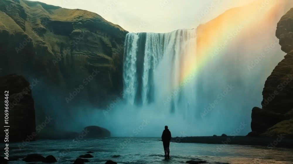 A solitary figure stands before a majestic waterfall, illuminated by a vibrant rainbow. A solitary figure stands before a majestic waterfall, illuminated by a vibrant rainbow.