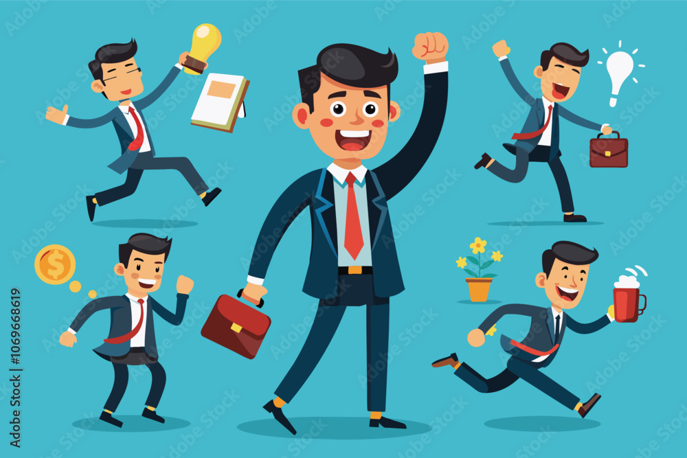 Cheerful Businessman Character Illustration With Various Poses and Expressions Cheerful Businessman Character Illustration With Various Poses and Expressions