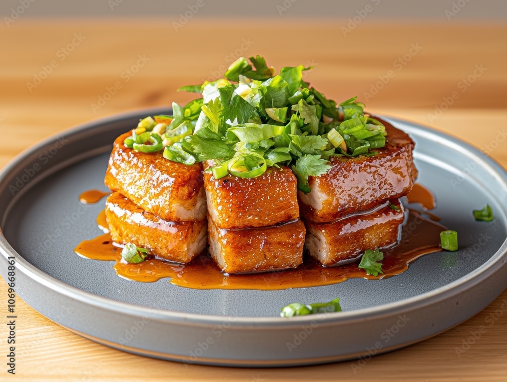 Delicious glazed pork belly on plate Delicious glazed pork belly on plate