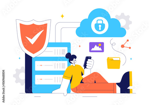 Digital Cloud Security Vector Illustration of Safety and Data Protection for Network, Internet, Hosting, and Backup Servers in a Technological