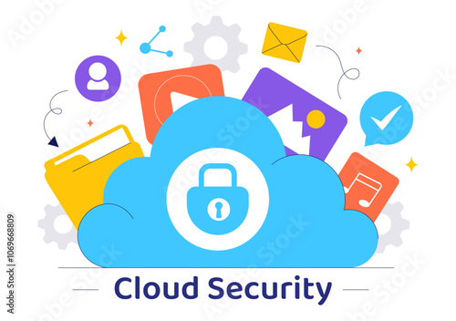 Digital Cloud Security Vector Illustration of Safety and Data Protection for Network, Internet, Hosting, and Backup Servers in a Technological