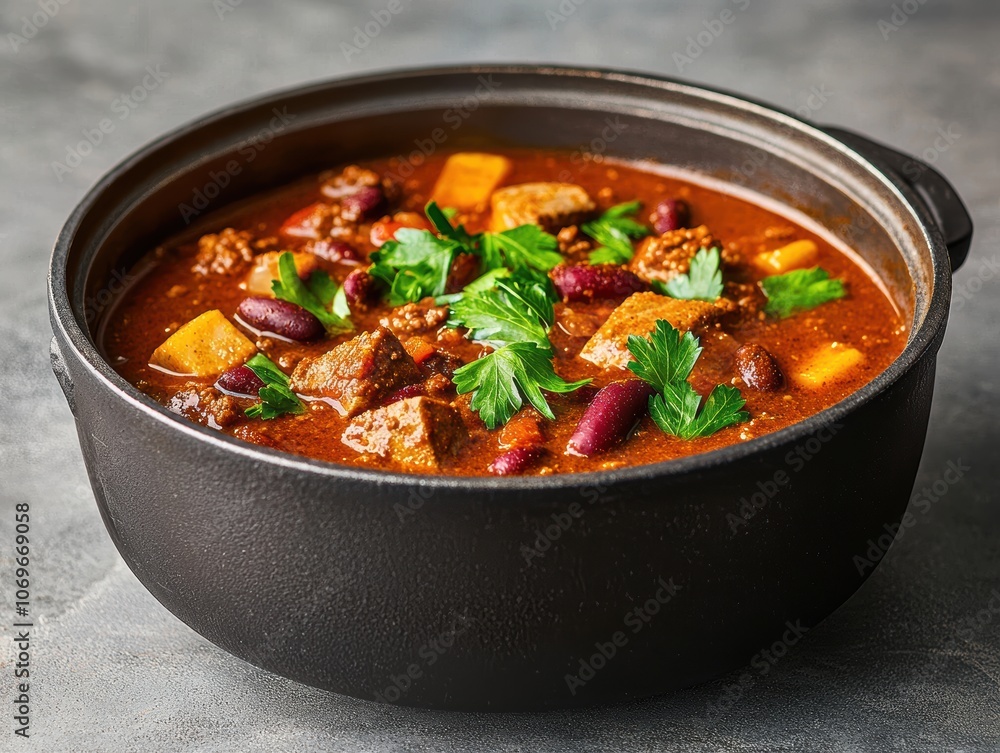 Delicious beef stew in black pot. Delicious beef stew in black pot.