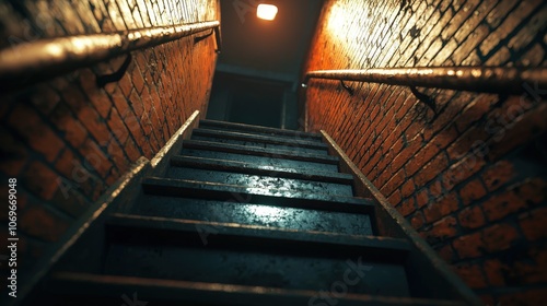 Abandoned Brick Building Staircase with Rusty Handrail and Light