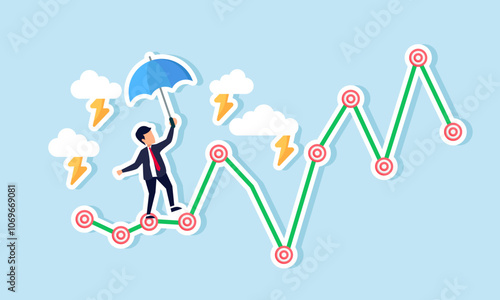 A businessman holding an umbrella stands unsteadily on a target board chart amid a thunderstorm, illustration of step-by-step improve business target performance for growth