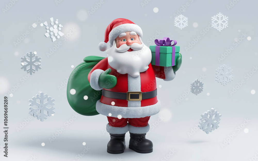 Santa Claus holding a gift bag with snowflakes floating around him on a plain white background. Sharp details highlight the festive holiday atmosphere in this classic Christmas . Santa Claus holding a gift bag with snowflakes floating around him on a plain white background. Sharp details highlight the festive holiday atmosphere in this classic Christmas .