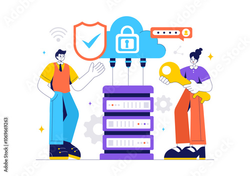 Digital Cloud Security Vector Illustration of Safety and Data Protection for Network, Internet, Hosting, and Backup Servers in a Technological