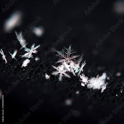 Close-up of several snowflakes on a dark, textured surface.  Intricate details, wintery feel.