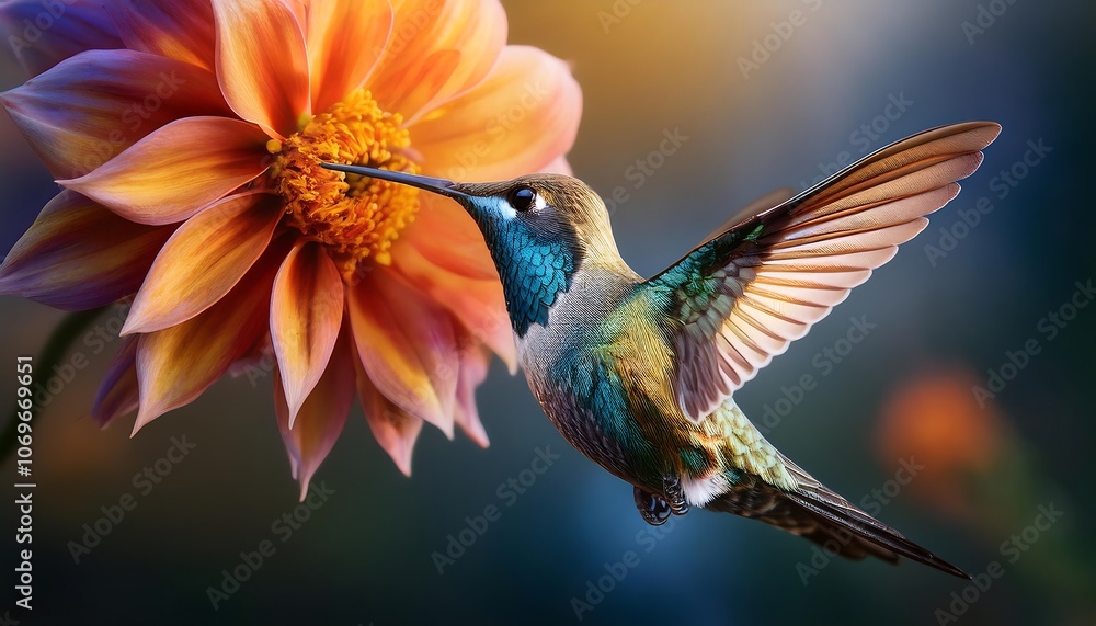 Fototapeta premium A vibrant hummingbird hovers in mid-air, feeding on nectar from a large, orange flower. The bird's wings are blurred, creating a sense of motion and the image is bathed in warm, golden light.
