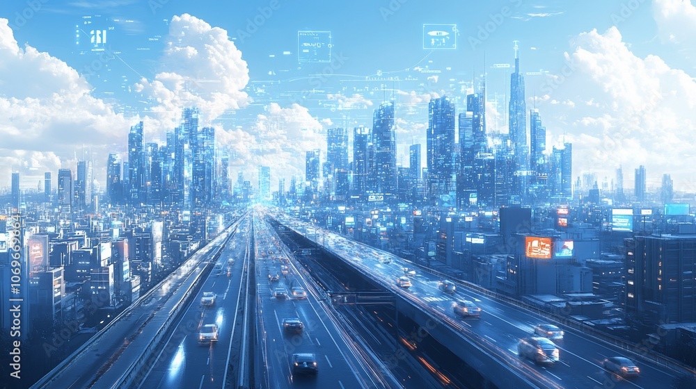 A futuristic cityscape with a highway and digital icons in the sky. A futuristic cityscape with a highway and digital icons in the sky.