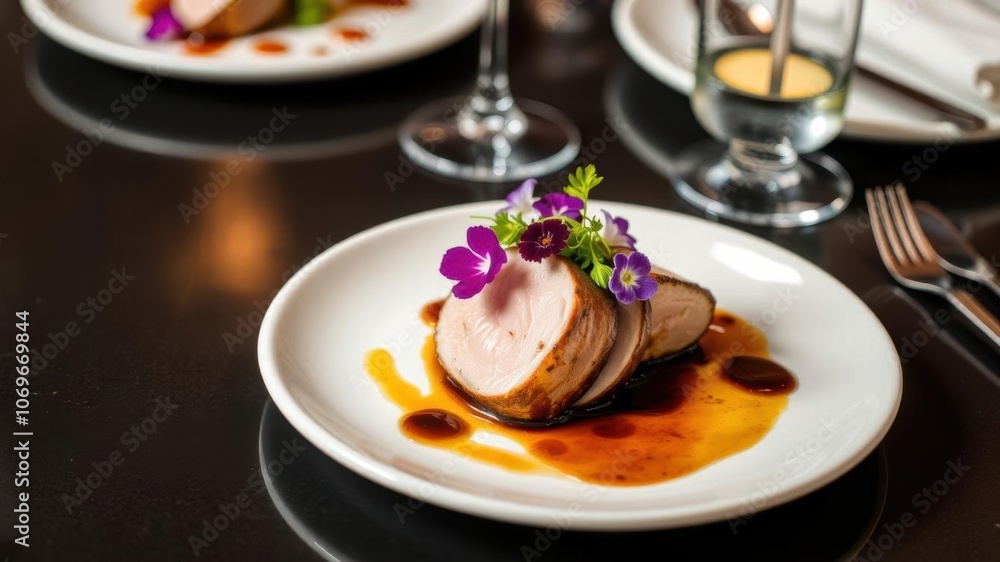 A beautifully plated dish of seared foie gras with balsamic reduction and edible flowers on a white ceramic plate, restaurant, white plate A beautifully plated dish of seared foie gras with balsamic reduction and edible flowers on a white ceramic plate, restaurant, white plate